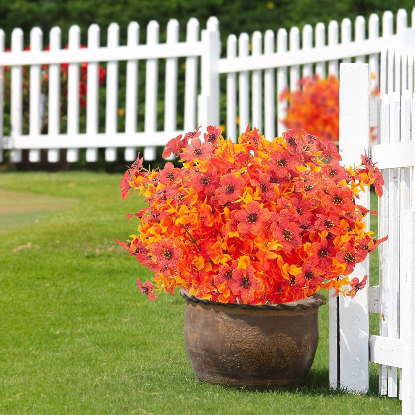 12 Bundles Artificial Fall Flowers Fake Plastic Plants Indoor Outside Hanging Planter No Fade Faux Autumn Plants Thanksgiving Christmas Wedding Party Home Garden Fireplace Décor (Gold Yellow)