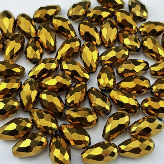 50pcs 10x15mm Teardrop Crystal Glass Beads for Jewelry Making, Faceted Vertical Hole Teardrop Glass Spacer Beads for Wind Chimes Bracelet Earring Necklace DIY Craft(Gold)