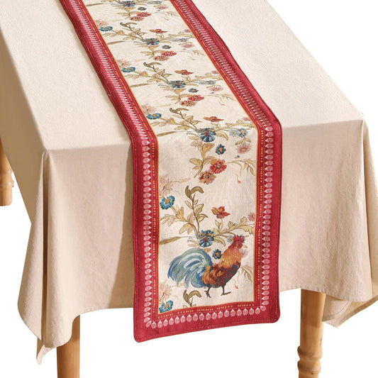 patdrea Designer Farmhouse Linen Table Runner, Rustic Cottage Mauve with Rooster and Floral Pattern Fabric Table Mat, Decoration for Kitchen Dining Coffee Table Banquet Christmas , 12"*102"