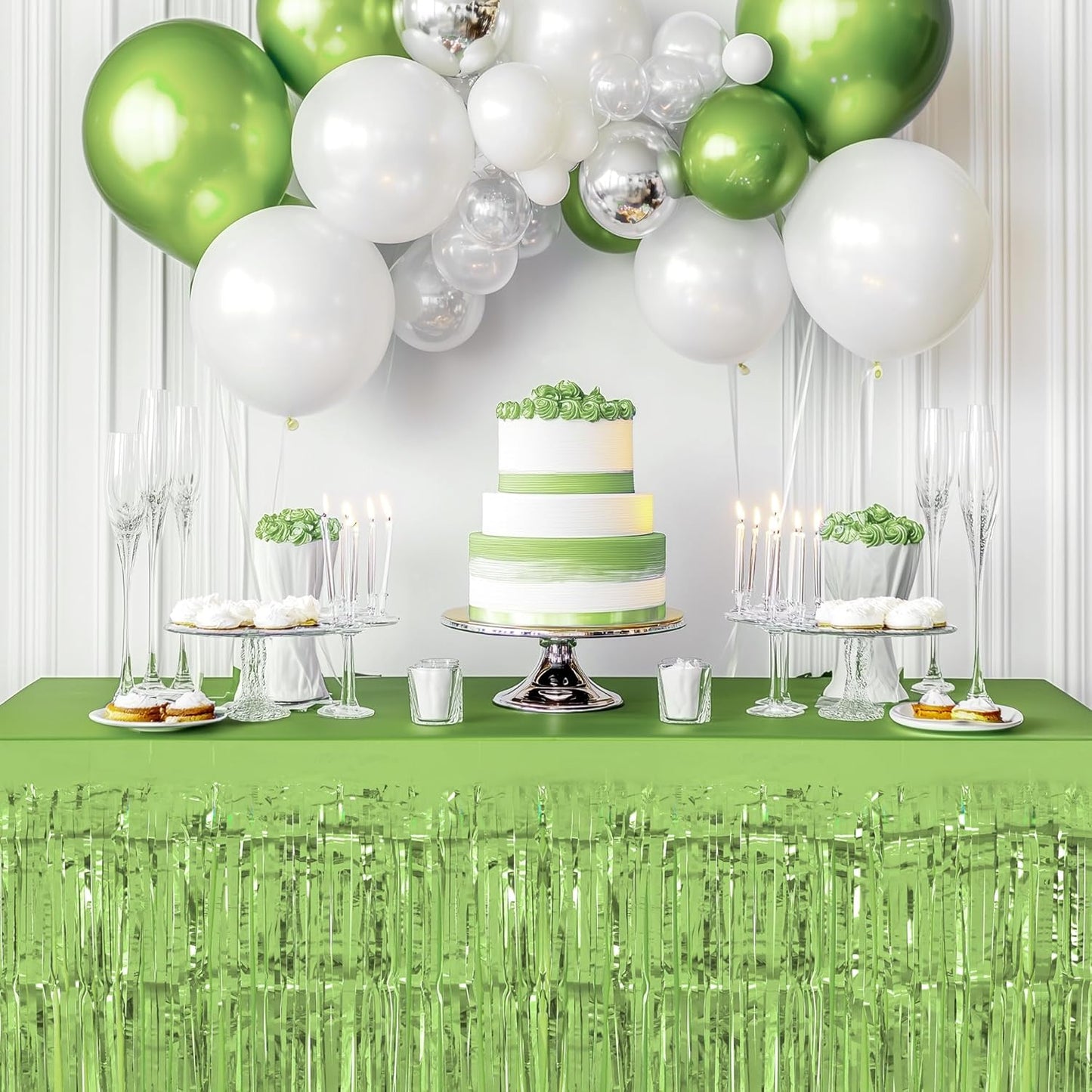 4 Pack Light Green Table Skirts, 29x108" Metallic Foil Tinsel Fringe Table Skirts for Rectangle Tables Streamer Curtains Backdrop, Party Decorations for Birthdays Weddings Holidays