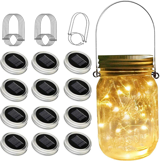SunKite Solar Mason Jar Lights(NO Jars), 12 Pack 30 LED Waterproof Fairy Firefly Jar Lids String Lights with Hangers, Patio Yard Garden Wedding Decoration - Warm White