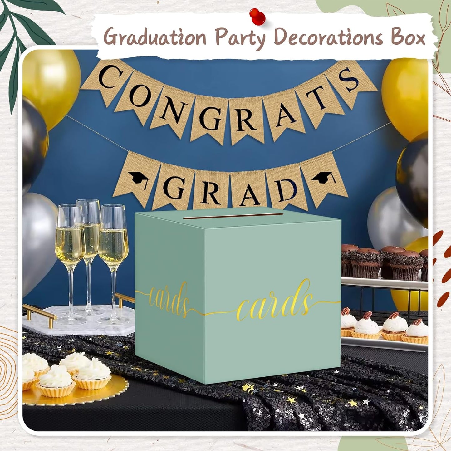 QIKSION Sage Green Wedding Card Box, Gold Foil Gift Card Box for Party, Wedding Reception, Birthday, Baby Shower, Raffle, Graduation