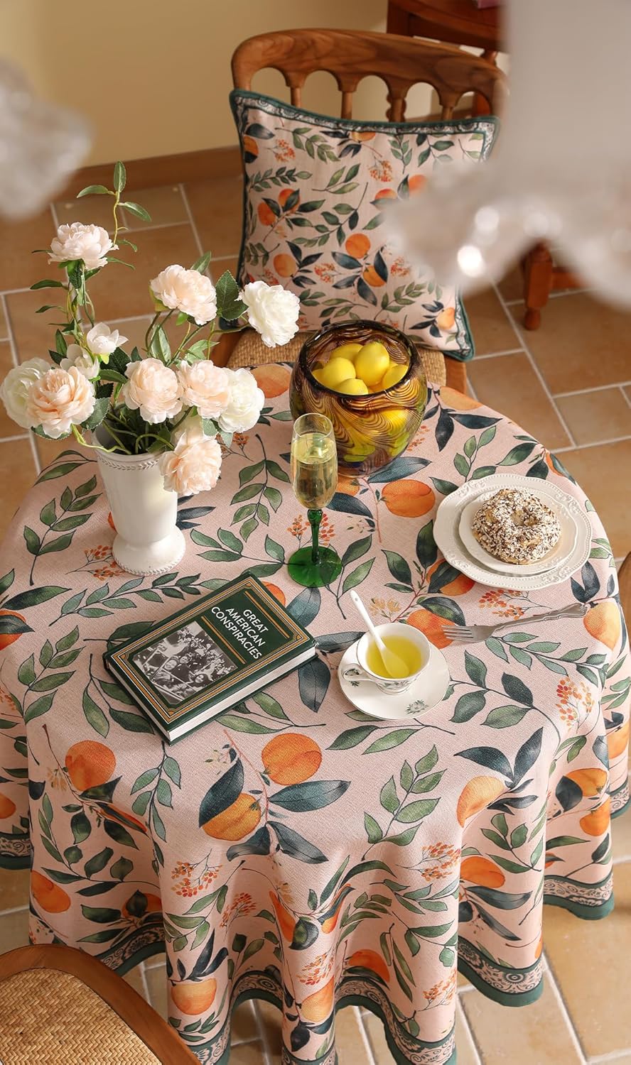 patdrea Designer Linen Round Table Cloth,Vintage Framhouse Oranges and Leaves Pattern Tablecloth,Decor Table Cover for Kitchen Dining Christmas,Thanksgiving,Tea Party,Diameter 67"-Palladin a