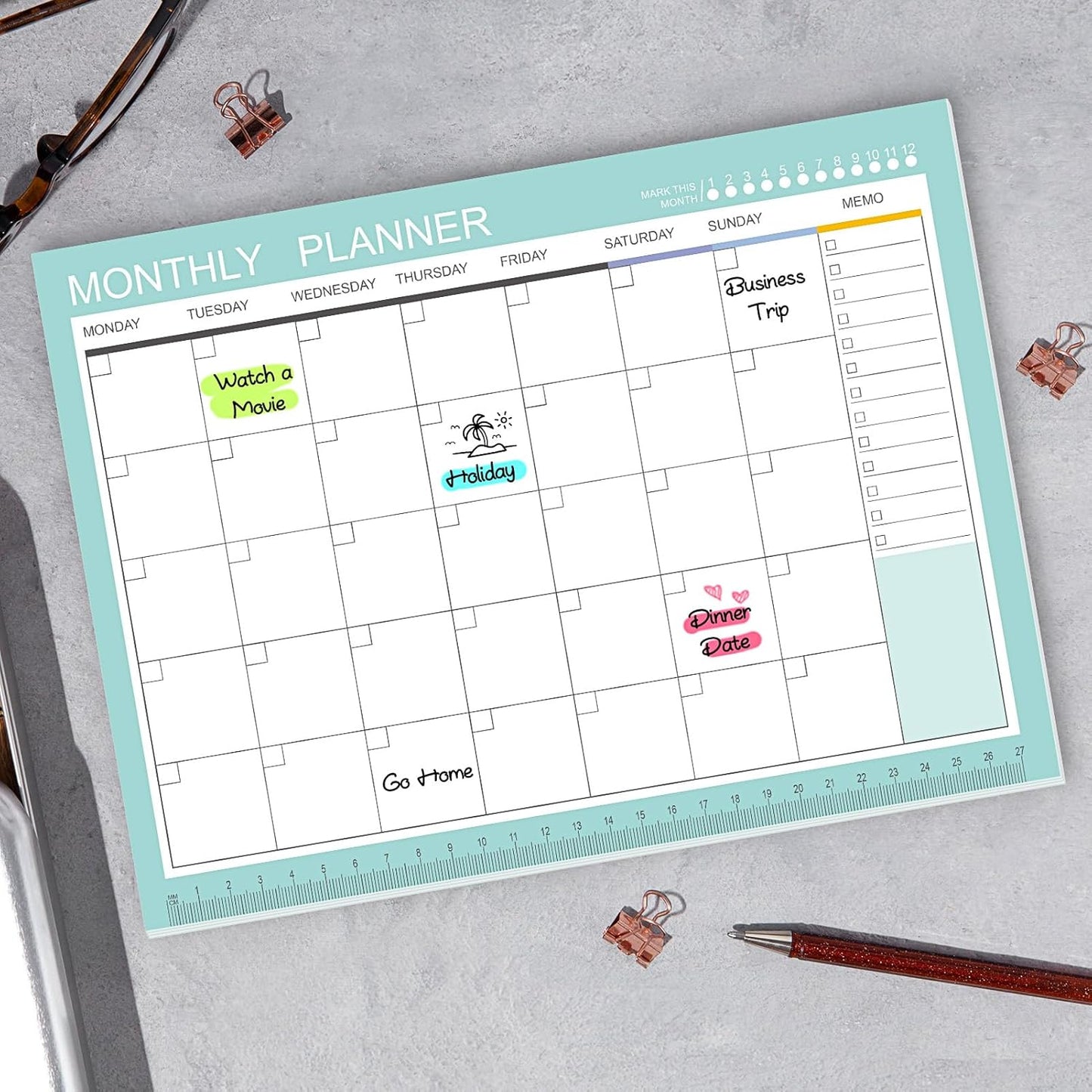 Phyxin Undated Planner, 54 Sheets Blank Calendar, 11.2" x 8.3" Monthly Calendar Planner, Tear Off Undated Monthly Planner with Memo for Women, Students, Teachers, Green