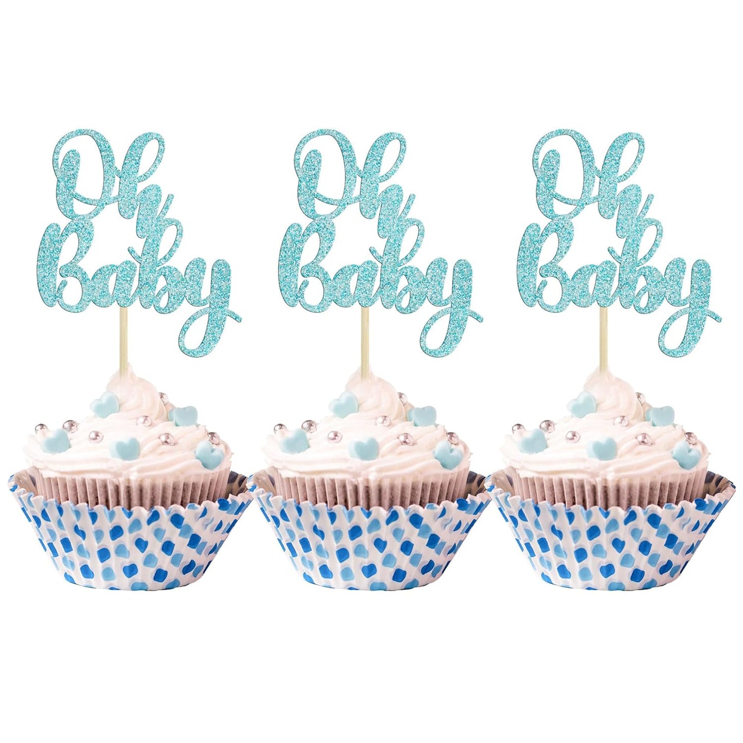 Gyufise 36Pcs Oh Baby Cupcake Toppers Glitter Baby Shower Cupcake Picks Oh Baby Cake Pick for Baby Shower Kids Boys Girls Birthday Party Cake Decorations Supplies Light Blue