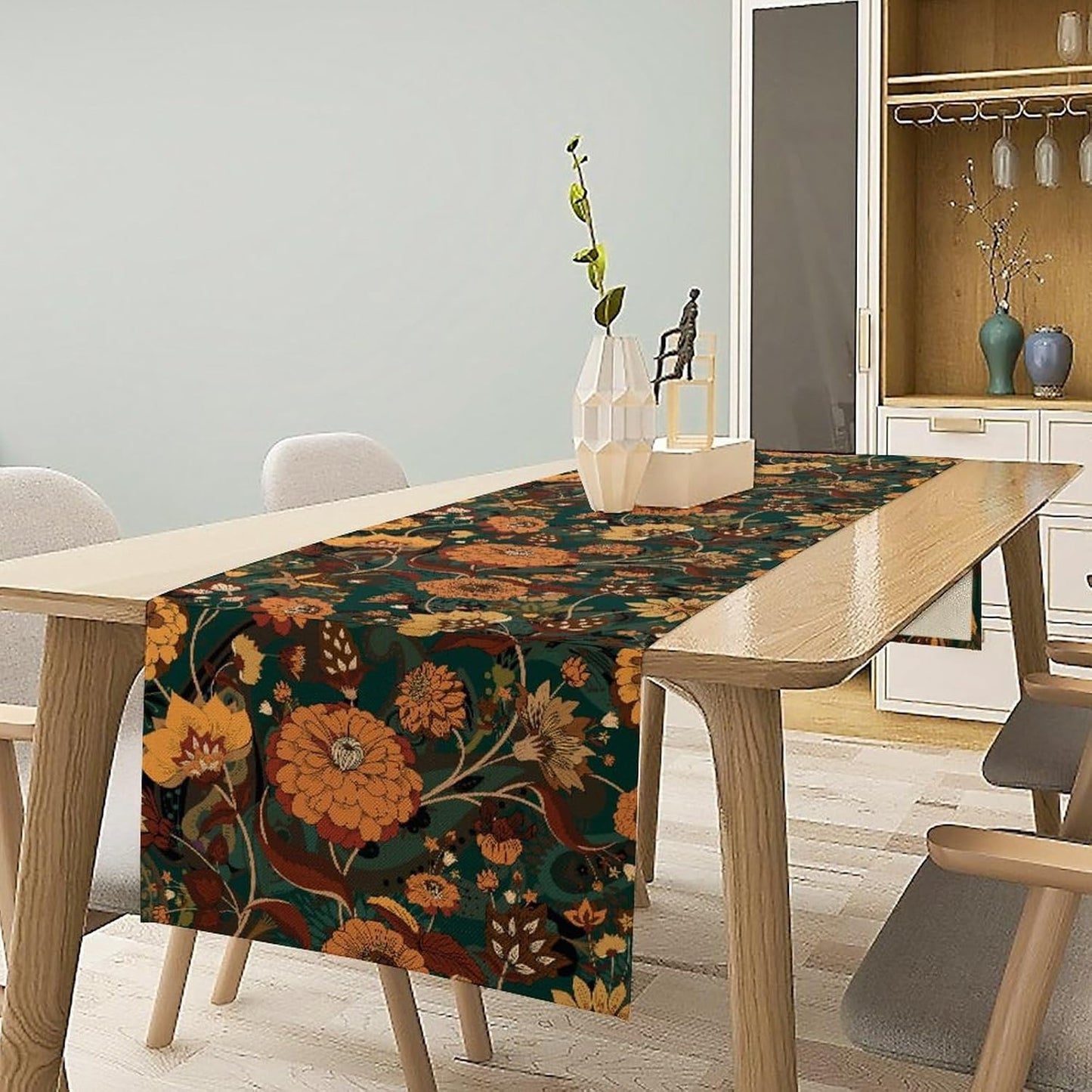 Orange Boho Floral Table Runner, Vintage Bohemian Home Kitchen Table Decoration for Birthday Party Picnic Decoration 13x108 Inch 1PCS