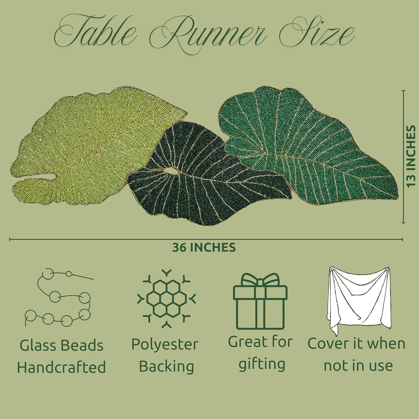 Luxury Beaded Table Runner - 13x36 Inches Handcrafted Leaf Pattern with Glass Beads & Polyester Back - Elegant Table Decor for Dining, Coffee Table & Events (Green) - CLEENTABLE