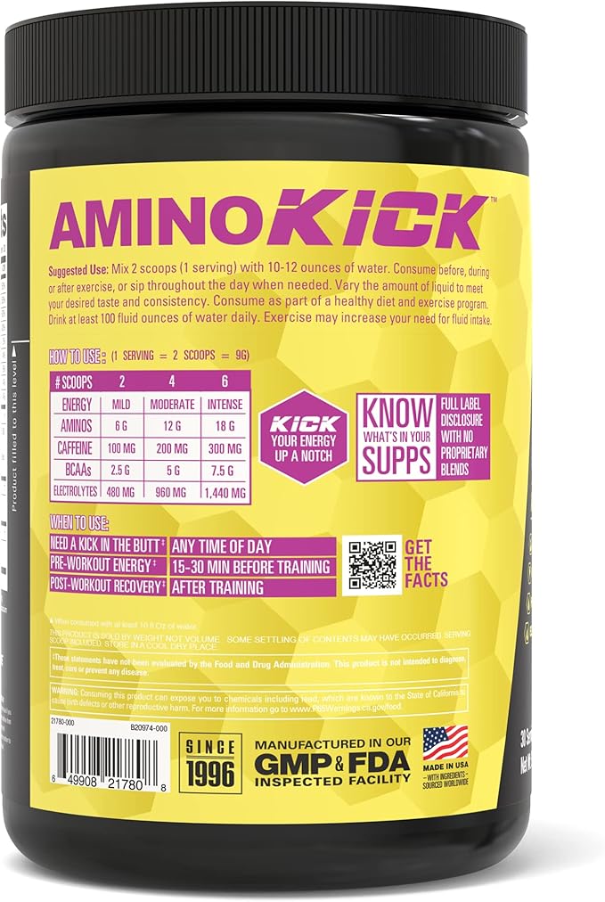 NutraBio Amino Kick – BCAA Powder with Natural Caffeine – Amino Acids Supplement for Energy, Hydration & Recovery – BCAAs, Electrolytes & Amino Acids – Pineapple Passionfruit, 30 Servings