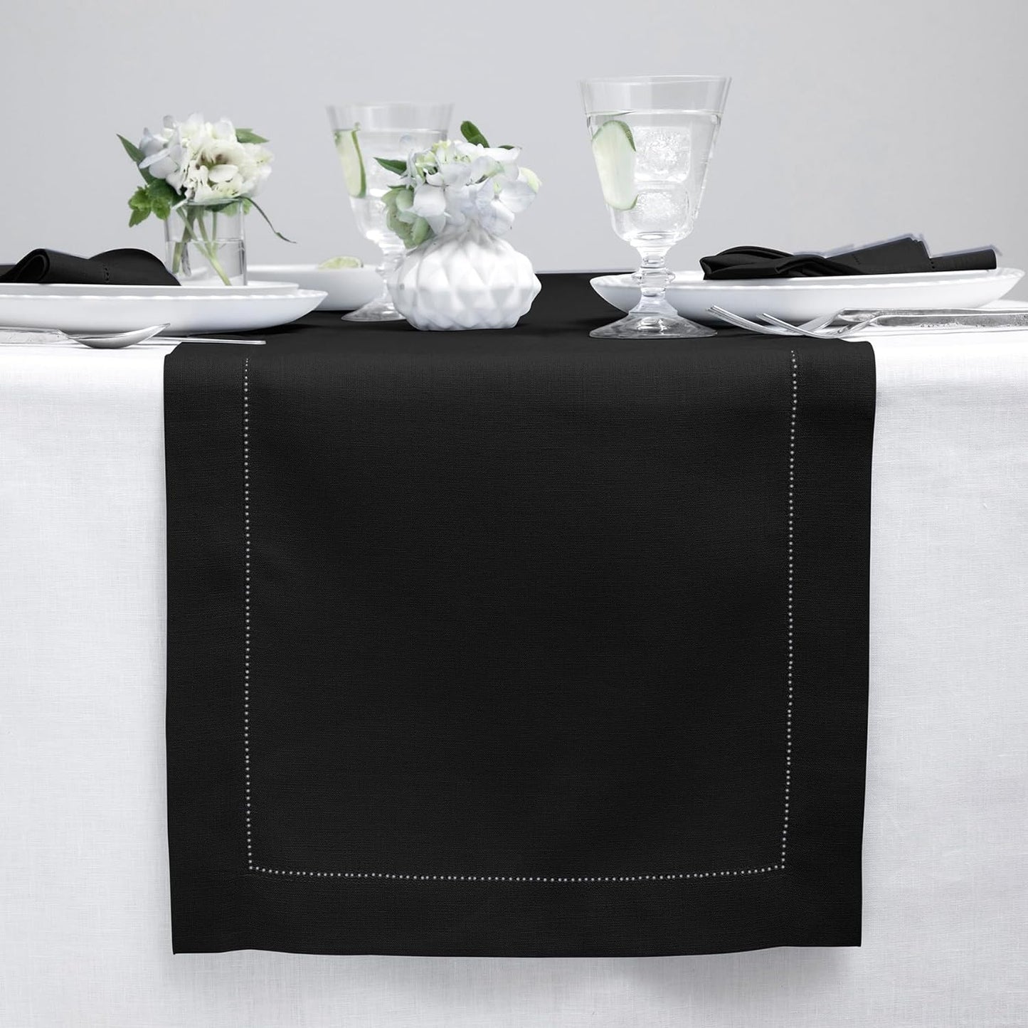 Solino Home Linen Black Table Runner 132 Inches Long - 100% Pure Linen Extra Long Table Runner 14 x 132 Inch for Fall, Autumn, Halloween, Thanksgiving, Holiday - Classic Hemstitch