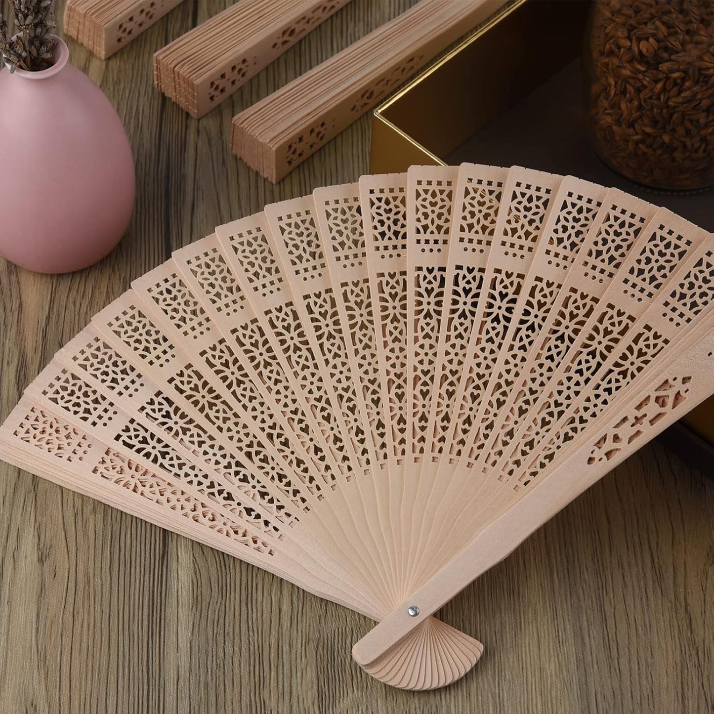 FEPITO 50 Pieces Wooden Handheld Paper Fan Wooden Folding Fans with Bamboos for Wedding Gift, Party, Home