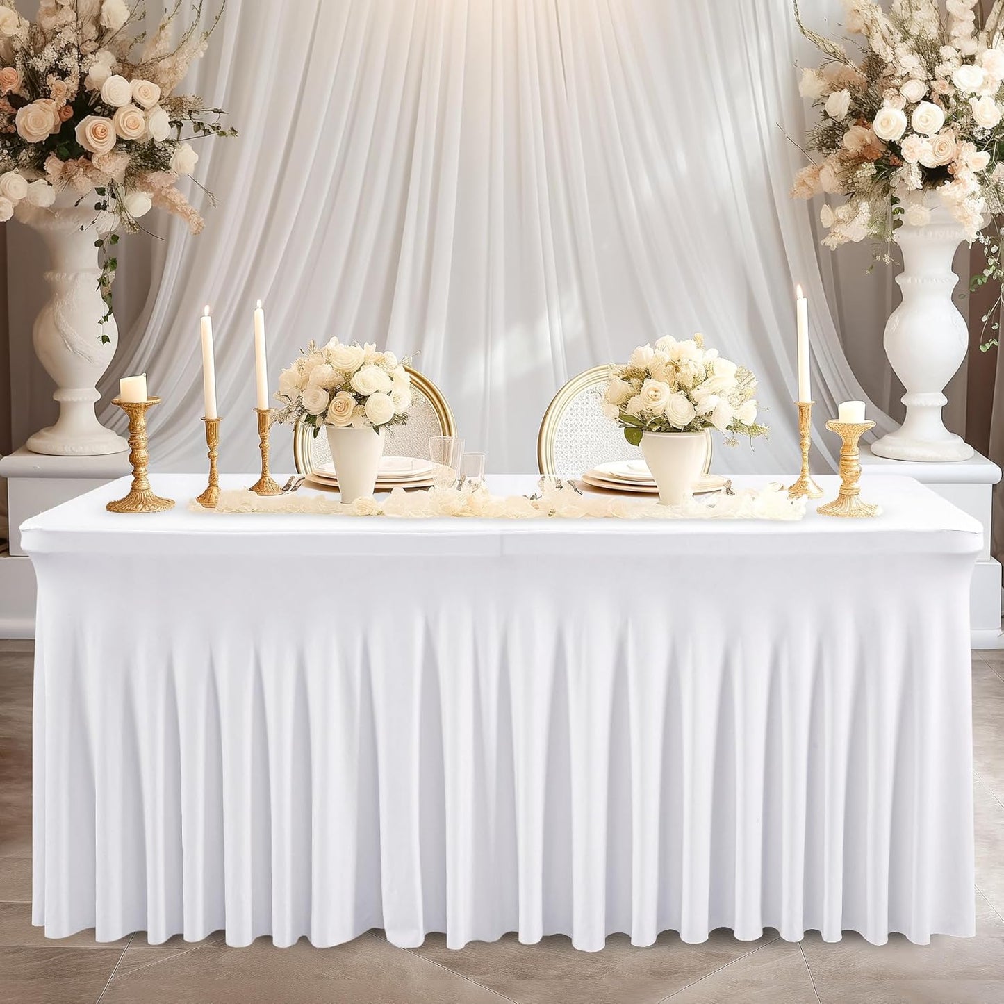 Wish Care 6 Pack White Spandex Table Clothes for 8 Foot Rectangle Tables, 8FT Wrinkle Free Fitted Tablecloths Ruffles Design Table Cover for Party, Banquet, Wedding and Events