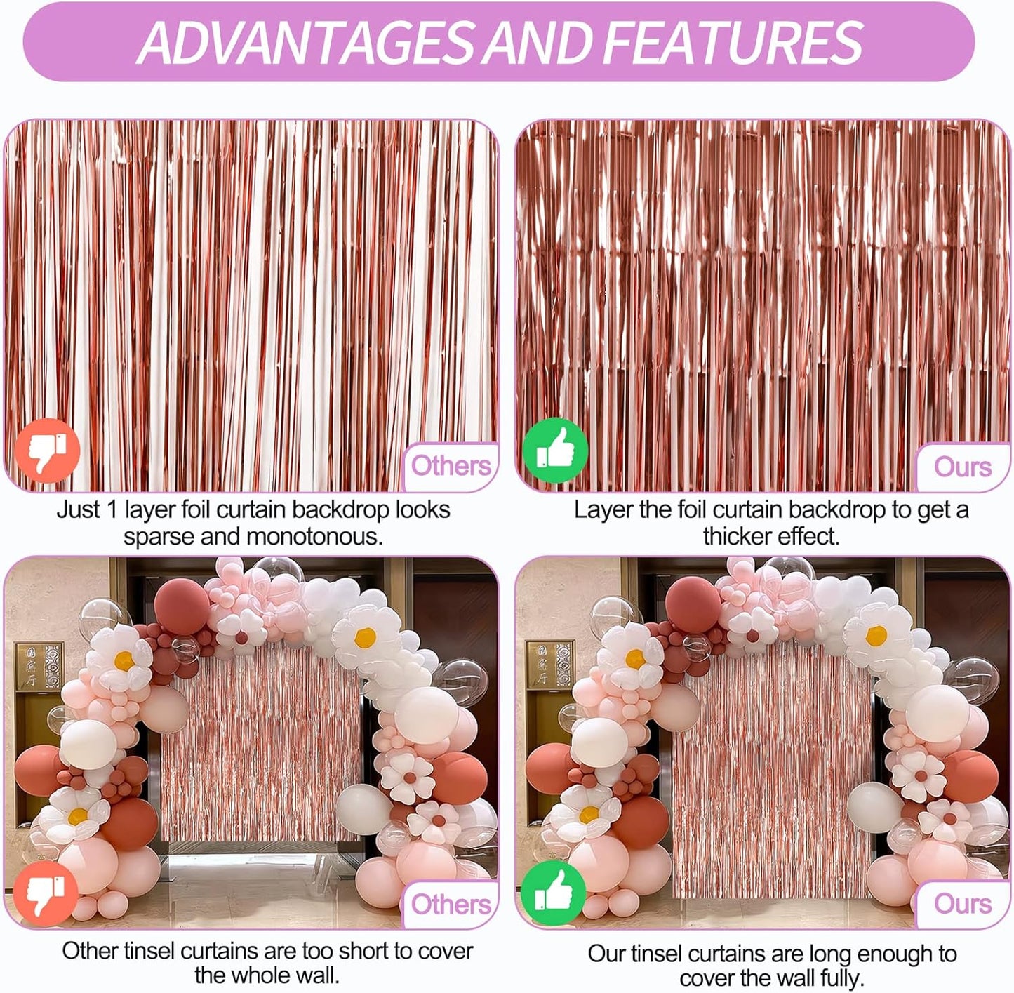 Crosize 3 Pack Rose Gold Foil Fringe Backdrop Curtains, 3.3 x 9.9 ft, Party Decorations