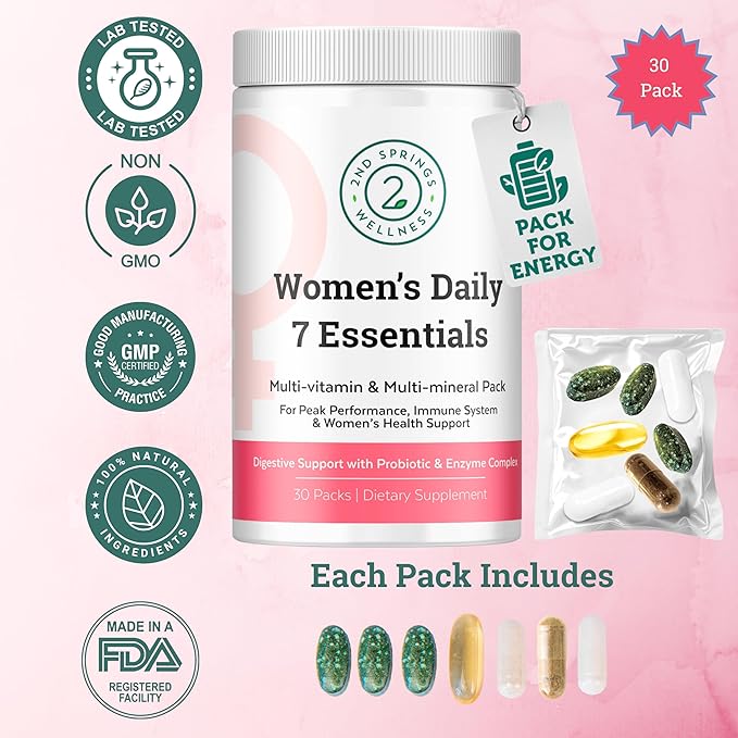 Daily 7 Essentials Women's Vitamin Pack -7 Pack Complete Women's Multivitamin Packet with Energy, Metabolism, Immune System, Female Health Support with Probiotics, More