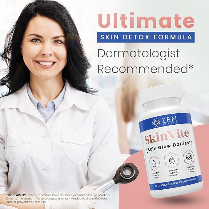 Zen Nutrients SkinVite Natural Skin Supplement for Women, Men & Teens - Hormonal Breakouts & Clear Skin Support Supplement - Detoxifying Vitamin for Acne and Digestion Support
