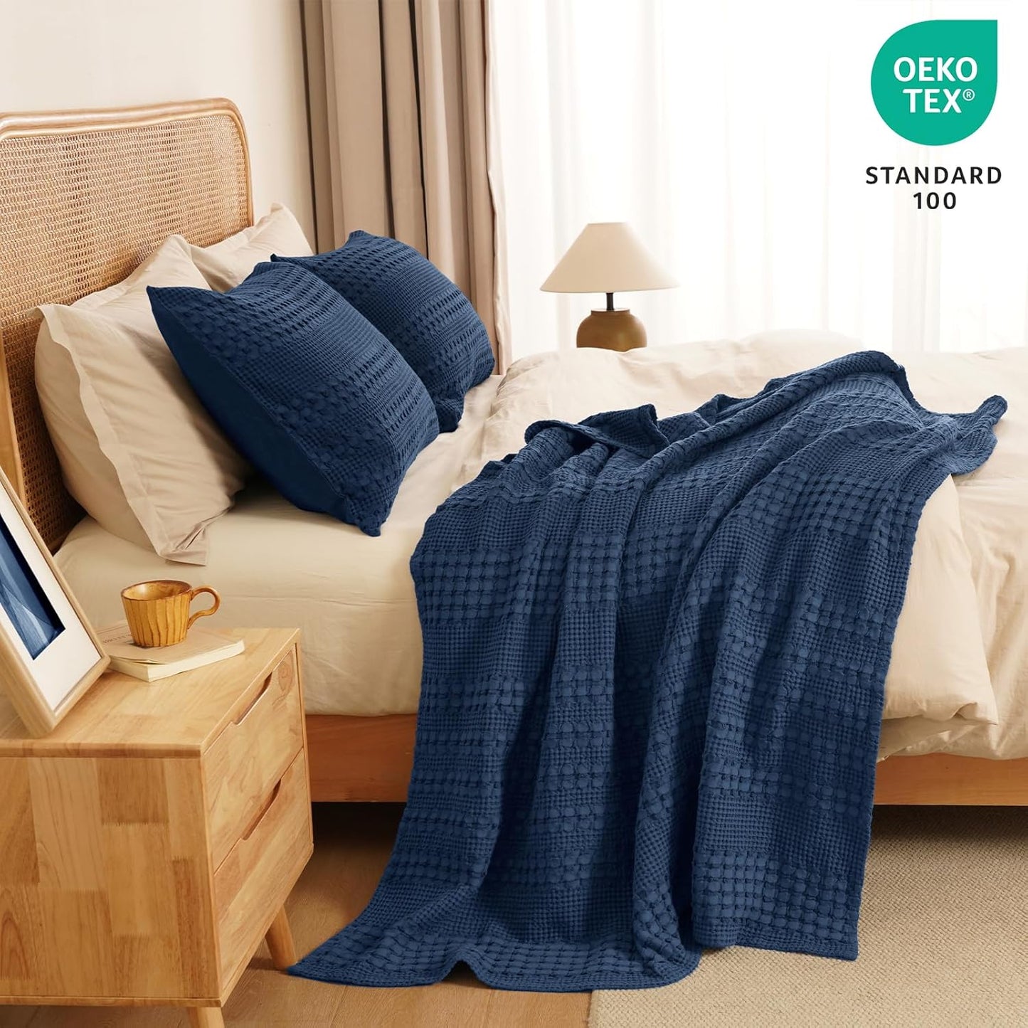 PHF 100% Cotton Waffle Weave Throw Blanket, Soft Lightweight Breathable Cozy Throws for Couch Bed Sofa, Luxury Aesthetic Woven Blanket for Home Decor & Office, 50"x60", Bright Navy