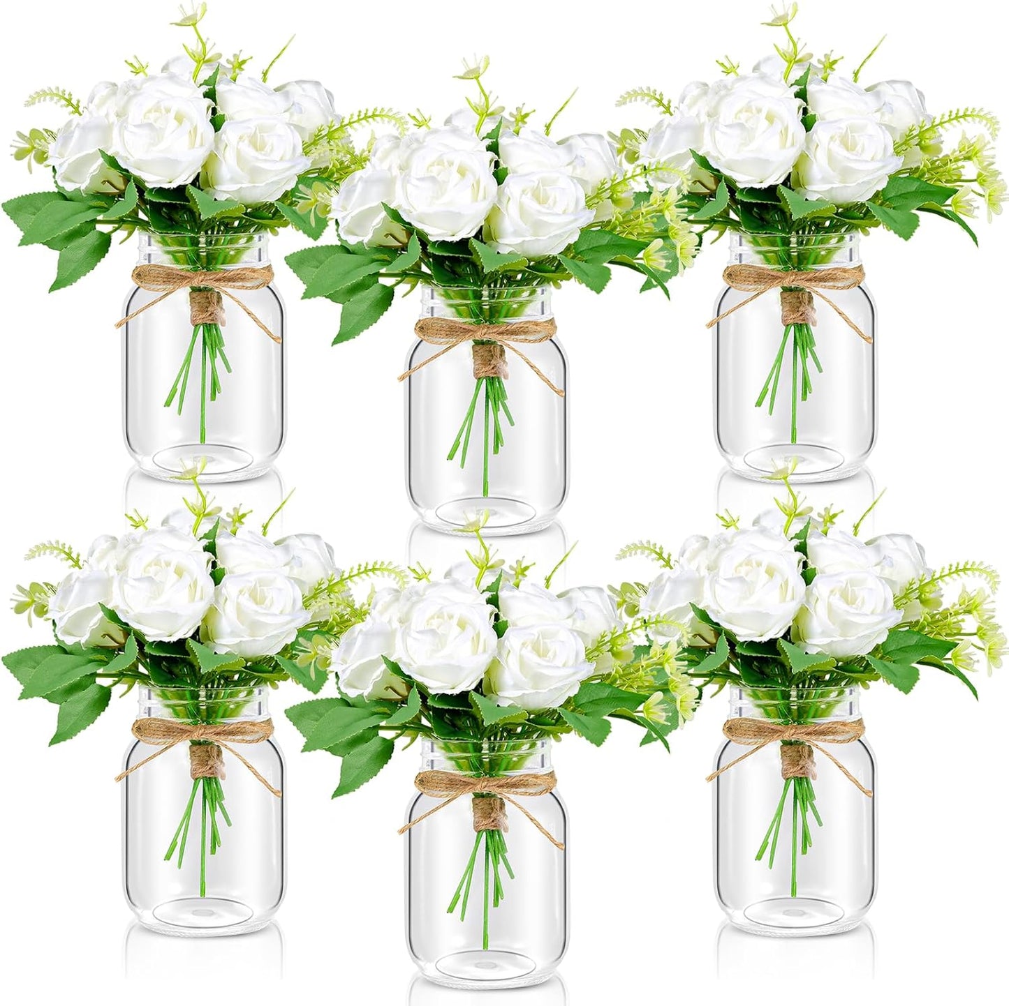 6 Set Centerpiece Table Decorations Mason Jar Table Centerpiece with Flower Mason Jar Wedding Centerpieces Vases Decor for Reception Engagement Party Bridal Shower (White Rose)