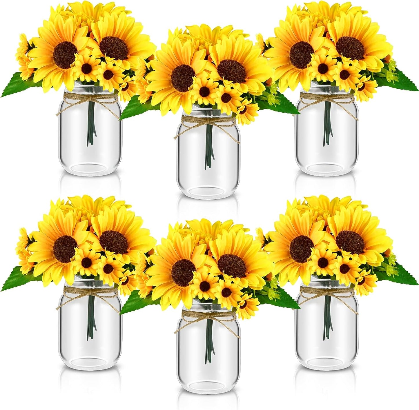 6 Set Centerpiece Table Decorations Mason Jar Table Centerpiece with Flower Mason Jar Wedding Centerpieces Vases Decor for Reception Engagement Party Bridal Shower (Sunflower)