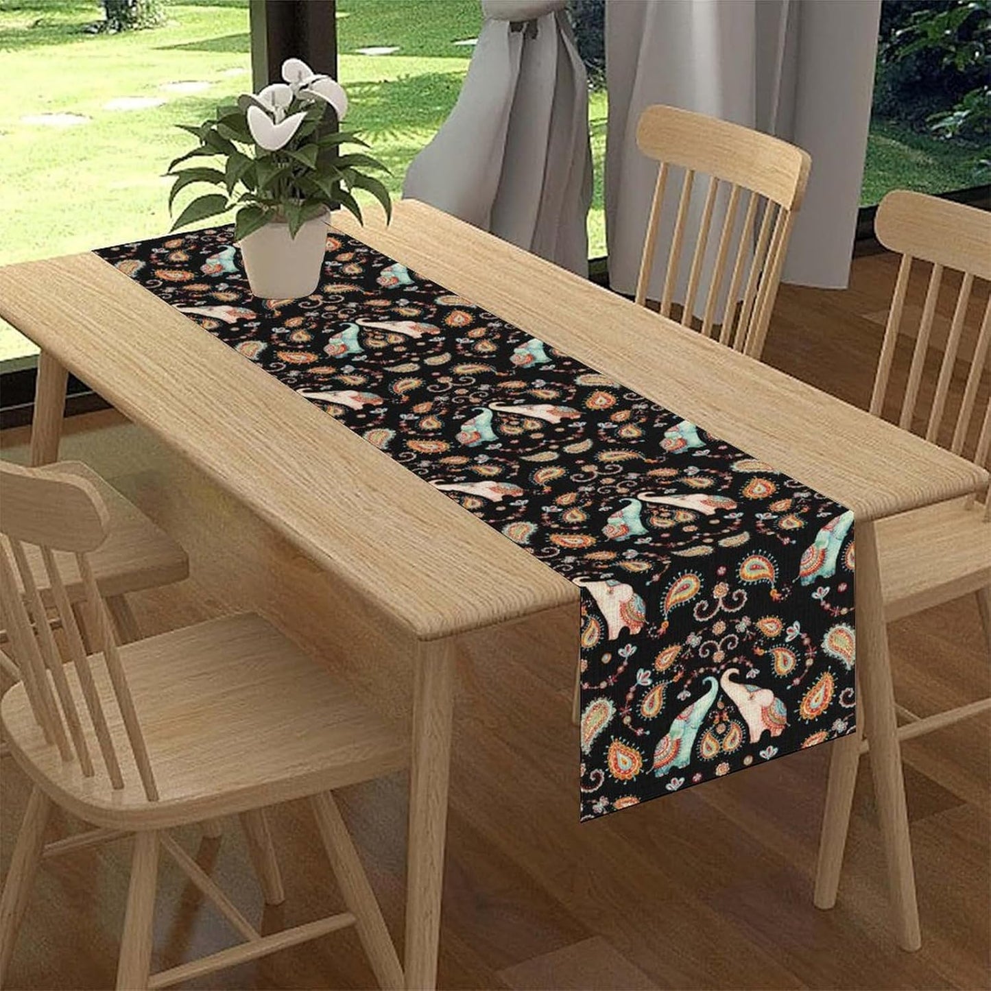 Boho Table Runner, Indian Bohemian Elephant Mandala Paisley Floral Hippie Art Print Table Center Decor for Home Kitchen Dining Patio Holiday Party Indoor Outdoor Table Decorations, 13"x108" Inch