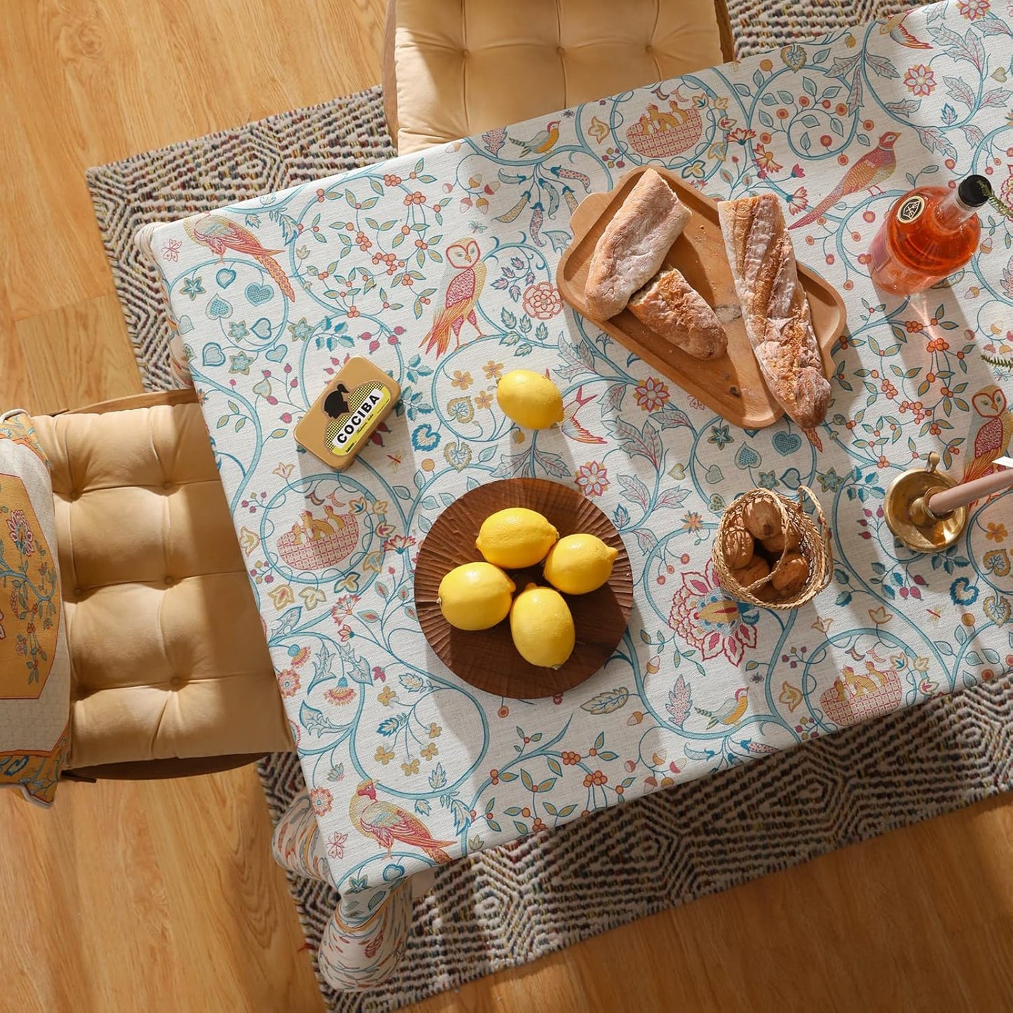 patdrea Designer Vintage French Tablecloth for Rectangle Table,Floral Birds Pattern Linen Table Cloth,Yellow Decor Cover for Kitchen Dining Banquet,Christmas,Thanksgiving,63"x110"-Magnolia