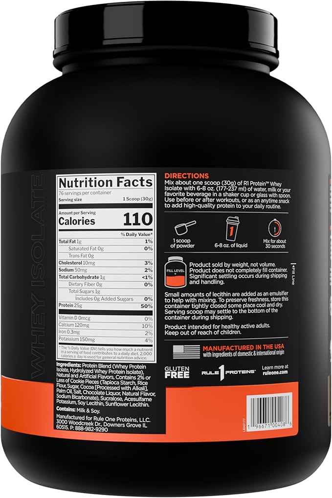 Rule 1 R1 Protein Whey Isolate - with 25g Protein & 6g BCAA Exclusively from Isolated & Hydrolyzed Sources for Workout Recovery (5 Pounds*, Cookies & Crème)