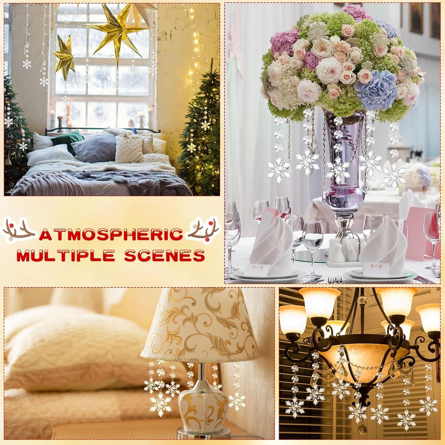 Nuenen 100 Pcs Hanging Crystals for Centerpieces Acrylic Chandelier Garland Beads Strands Prism Decorations Clear Teardrop Chandelier Crystals Pendant Wedding Home Garden Outdoor Ornaments(Snowflake)