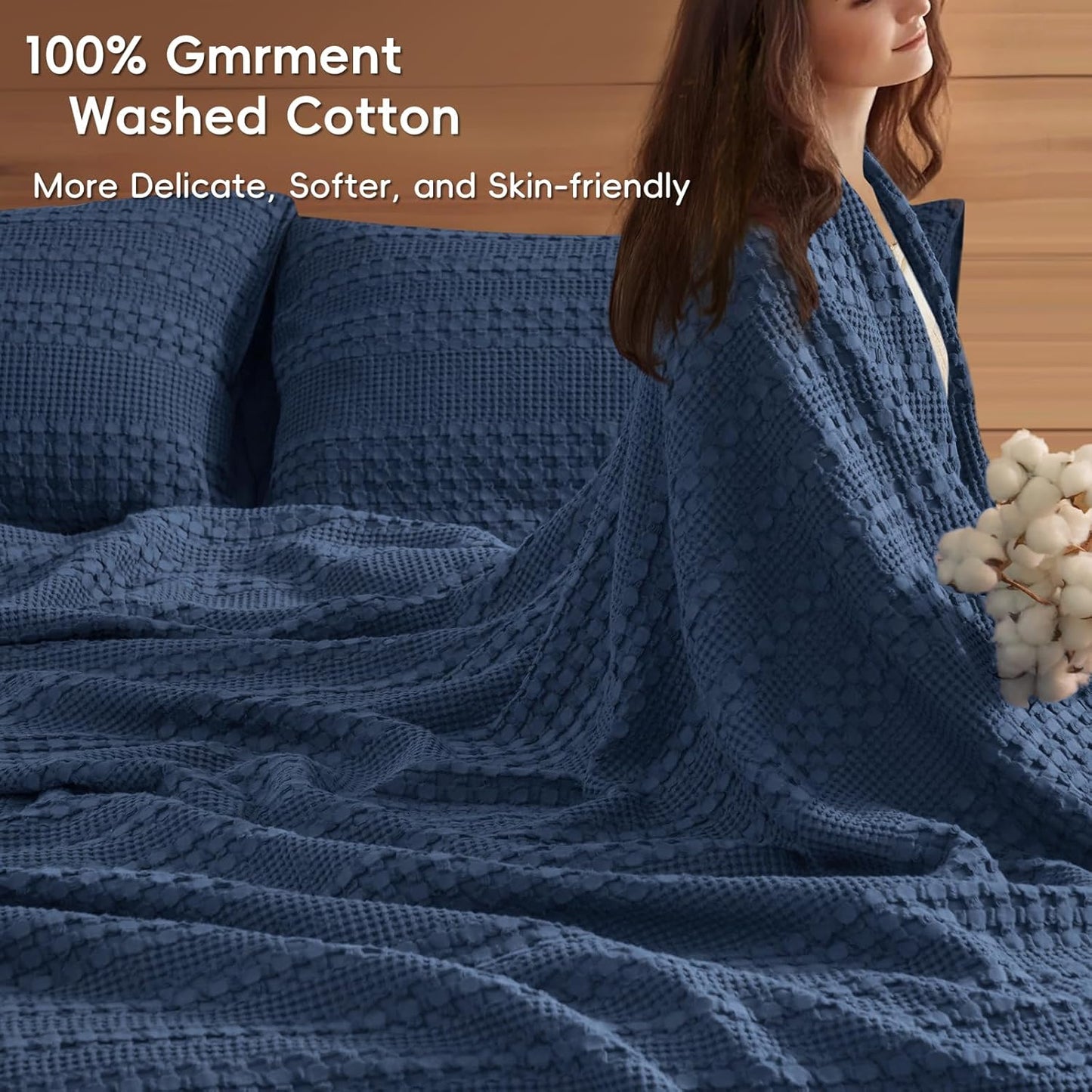 PHF 100% Cotton Waffle Weave Blanket Queen Size for Bed, Soft Lightweight & Breathable, All-Season Comfort, Luxury Aesthetic Woven Bedding for Home Decor, 90"x90", Bright Navy Blue