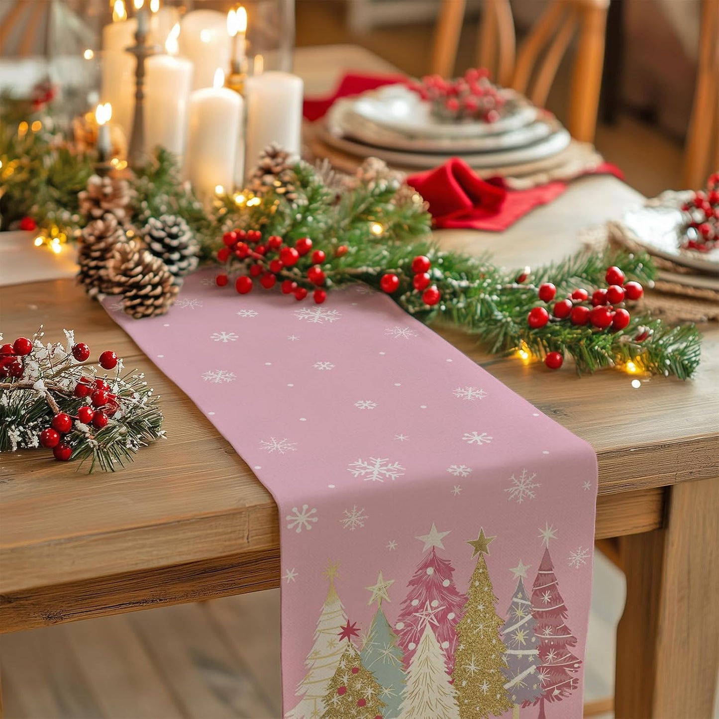 GEEORY Christmas Table Runner 13x108 Inch, Xmas Trees Snowflakes Holiday Decorative Farmhouse Table Decoration for Kitchen Dinning, Indoor Outdoor Dinner Party Decor (Pink) GT153-108