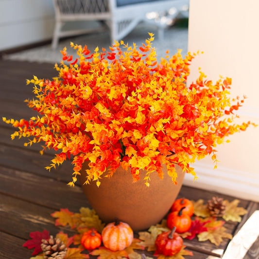 Artificial Fall Flowers Faux Mums for Outdoor Indoor Garden Home Decoration, Faux Flower Daisy with Eucalyptus Leaves Fake Plants Greenery Boxwood Porch Patio, 12 Bundles (Orange Eucalyptus)