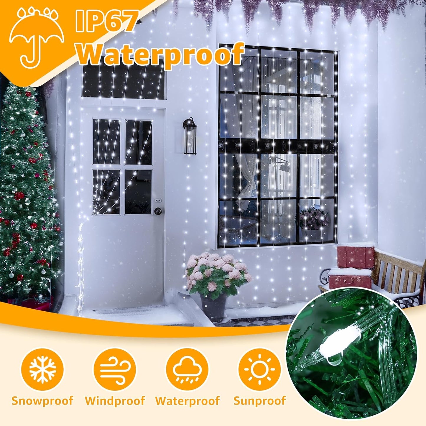 Ollny Curtain Lights 600LED 19.7ft x 9.8ft, IP67 Waterproof Outdoor Curtain Rice Lights with Remote, Plug-in Untangle Fairy Curtain Light with 8 Modes 3 Timers for Wall Backdrop Decor(Cool White)