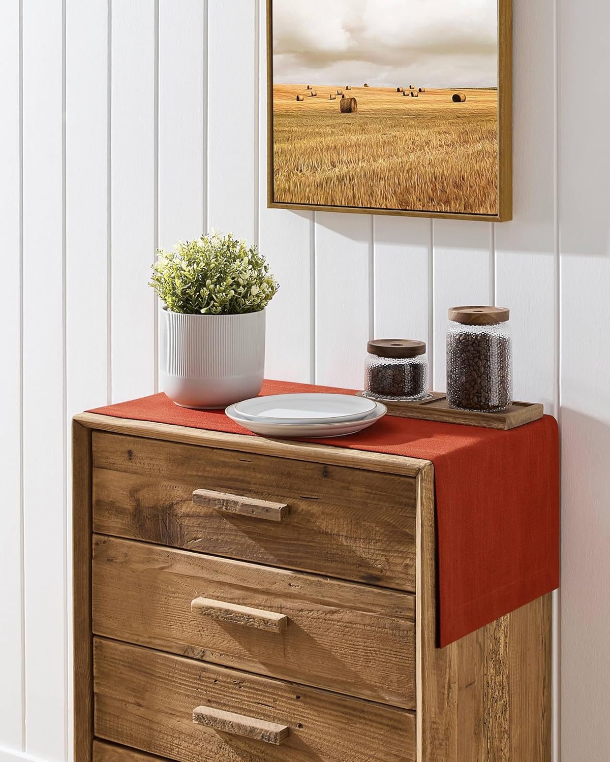 ZeeMart Linen Textured Border Table Runner, 14 x 36 Inch Orange, Farmhouse Style Burnt Orange Fall Table Runners 36 Inches Long, Easy Care Everyday Polyester Table Runner