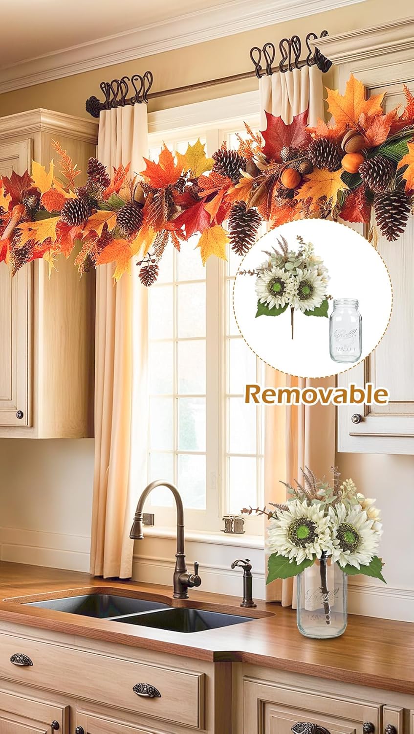 Silk Sunflowers Artificial Flowers with Mason Jar Centerpiece for Table White Fall Flowers in Vase Small Fall Floral Arrangement with Vase Thanksgiving Centerpiece for Dining Room Table Autumn Decor