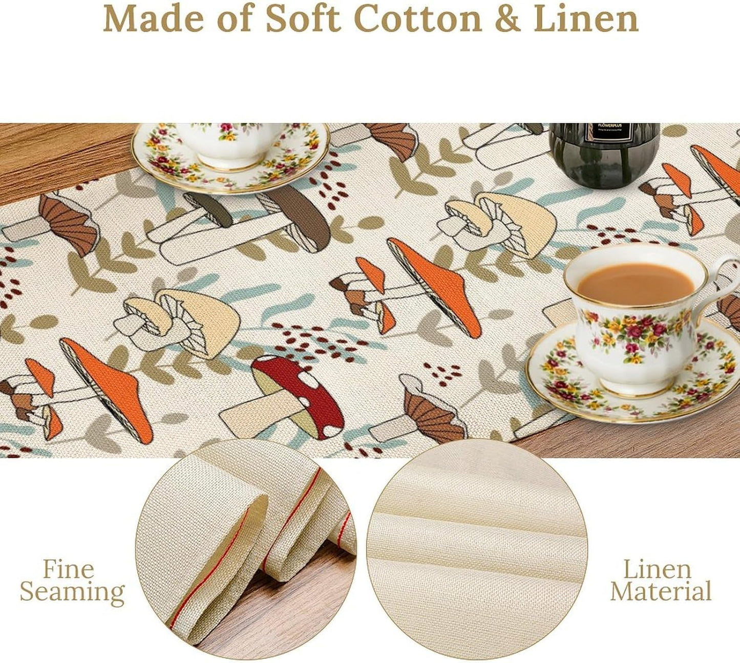 Mushroom Table Runner, Vintage Nature Plant Table Runner for Farmhouse Kitchen Dining Table Decoration for Home Party Decor 13x60 Inch