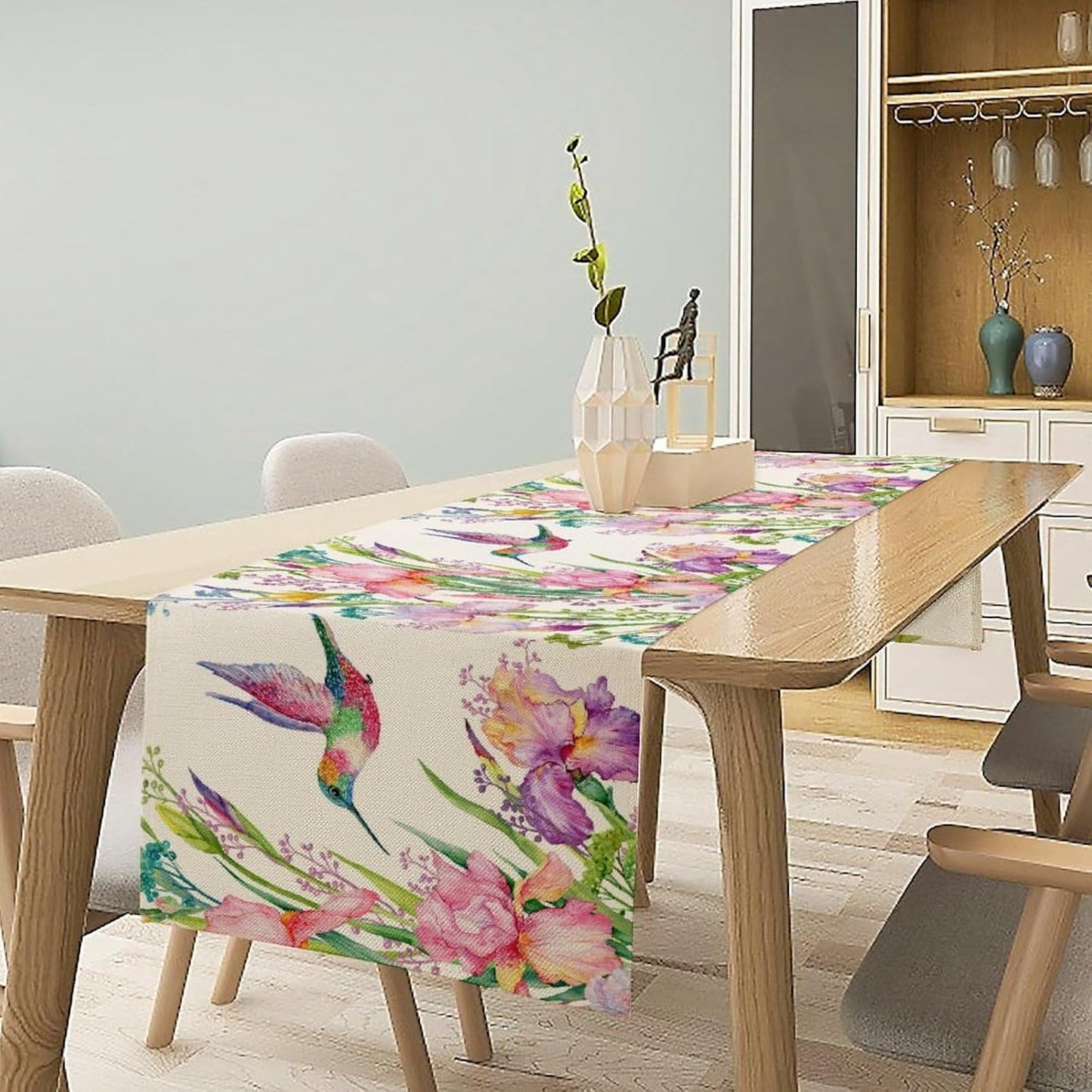 Hummingbird Table Runner,Pink Floral Country Style Table Runner for Kitchen Dining Table Home Party Decoration 13x36 Inch