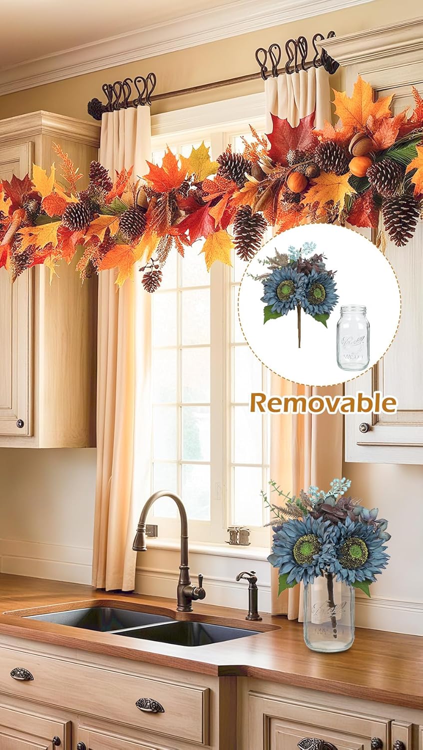 Silk Sunflowers Artificial Flowers with Mason Jar Centerpiece for Table Blue Fall Flowers in Vase Small Fall Floral Arrangement with Vase Thanksgiving Centerpiece for Dining Room Table Autumn Decor