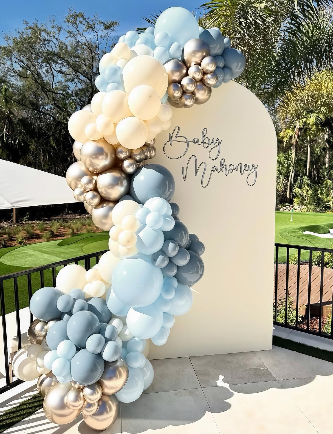 Dusty Blue and Gold Balloons - 12 Inch Dusty Blue Balloons Metallic Gold Sand White Latex Balloon Baby Shower Balloon for Girls Gender Reveal Birthday Party Supplies, Boy Baby Shower Decoration