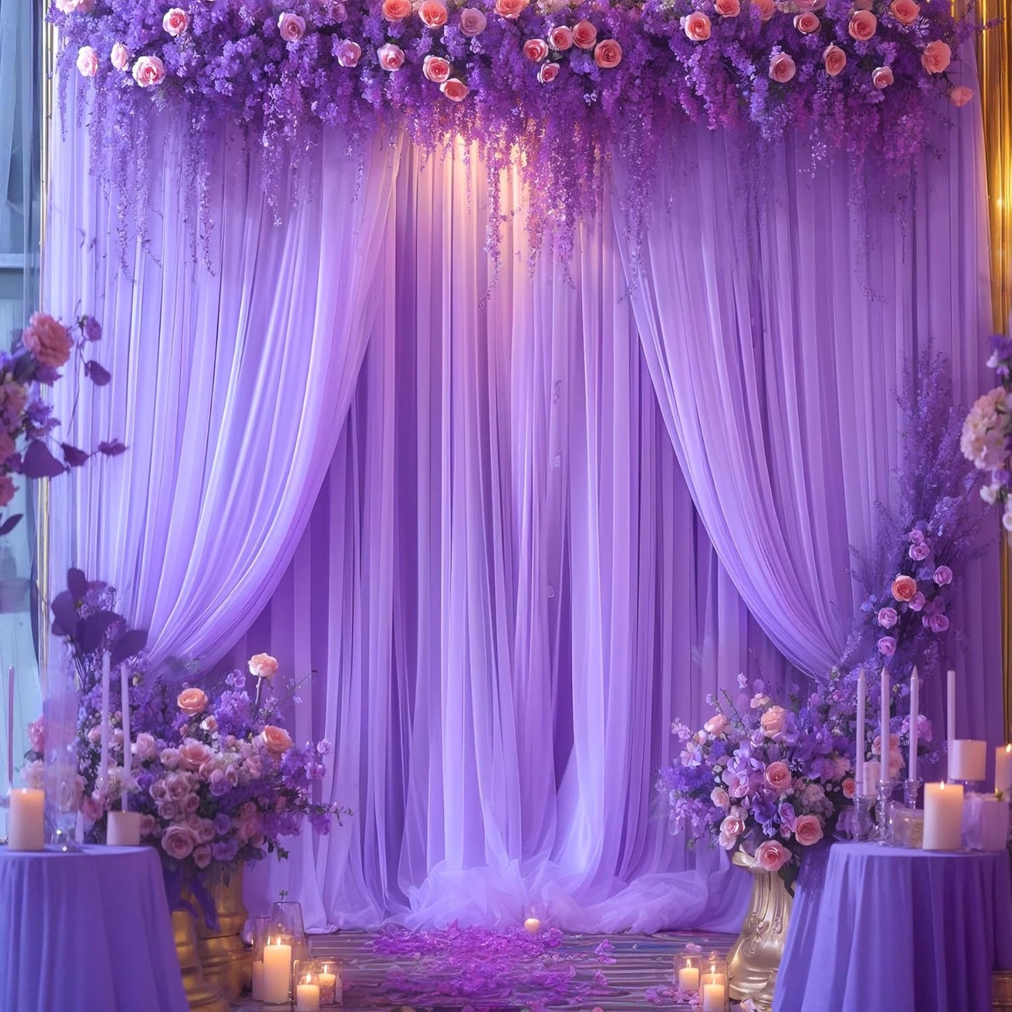 Purple Tulle Backdrop Curtain for Baby Shower Girls Birthday Party Purple Sheer Backdrop Drapes for Wedding Reception Photoshoot Elephant Theme Background Decorations 2 Panels 5 ft X 8 ft