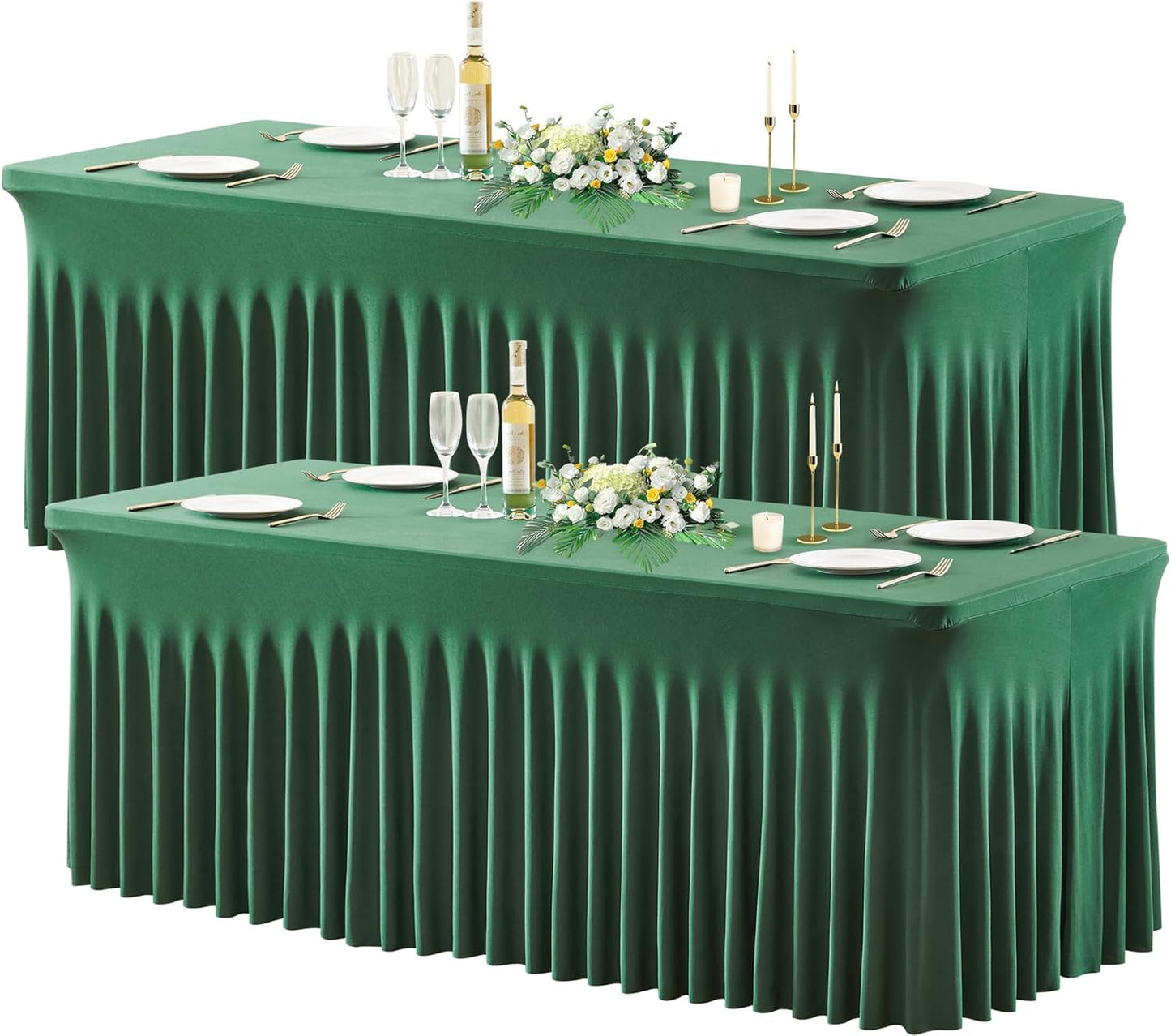 Wish Care 2 Pack Hunter Green Stretch Spandex Table Clothes for 8 Foot Rectangle Tables, 8FT Wrinkle Free Fitted Tablecloths Ruffles Design Table Cover for Party, Banquet, Wedding and Events