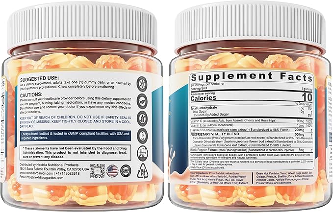 Liposomal Fisetin 200mg & Resveratrol Complex 500mg Liquid Gummies - Longevity & Cell Renewal Support - 98% High Purity Fisetin,Trans-Resveratrol Quercetin Luteolin with Vitamins C & E, 1-A-Day, 60Cts