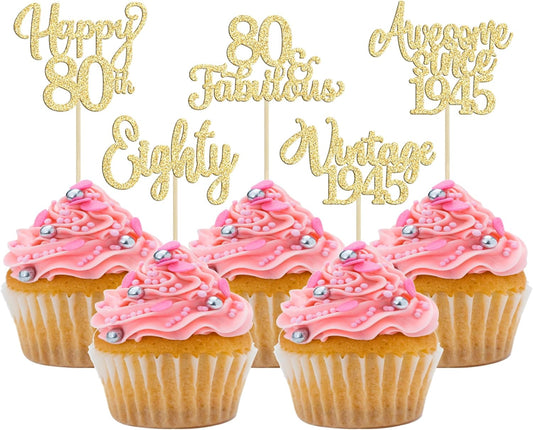 30Pcs Vintage 1945 Cupcake Toppers Glitter Eighty Happy 80th Birthday 80 Fabulous Cupcake Picks Awesome Since 1945 Cake Decorations for 80th Birthday Anniversary Retirement Party Supplies Gold