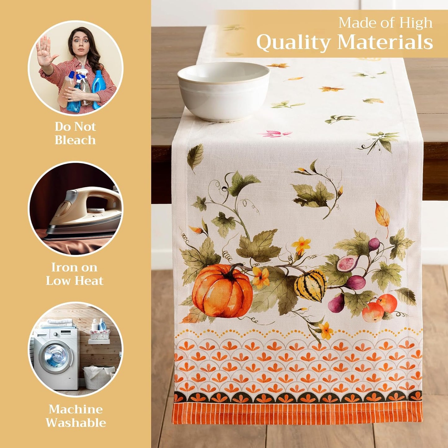 Maison d' Hermine Table Runner 100% Cotton Single Layer Table Runners 108 inches Long for Thanksgiving Christmas Decorations Home Kitchen Dining Wedding (Pumpkin Garden - Cloudy Cream, 14.5" x 108")