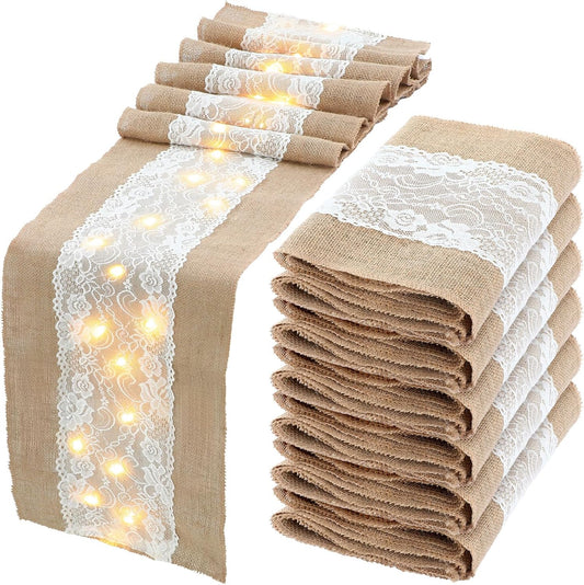 Xinnun 6 Pcs Burlap Table Runner with Lights 12 x 108 Inches Burlap Lace Table Runner Rustic Wedding Decorations Home Party (Flower)