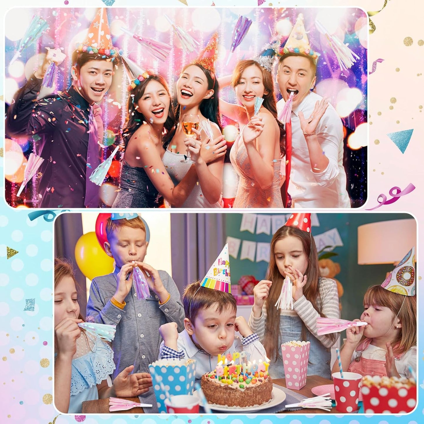 36 pcs Party Blowers, Noise Makers Glitter Metallic Fringed Party Horns for Birthday Blow Horns Graduation Sporting Party Favors Supplies