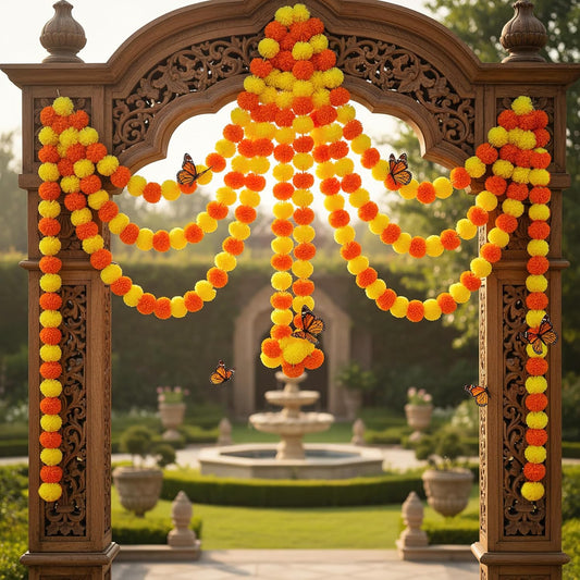 Marigold Garland for Decoration 5 Packs × 5ft Artificial Marigold Garlands Vibrant Orange Yellow Faux Flowers Includes 10 Butterfly Accents for Diwali Pooja Wedding Indian Decor