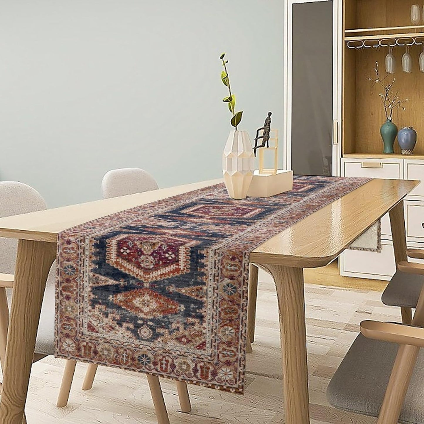 Vintage Boho Table Runner,Flower Geometric Design Rustic Farmhouse Table Runner for Home Farmhouse Kitchen Table Dining Coffee Room Garden Party Wedding Decor 13x90in