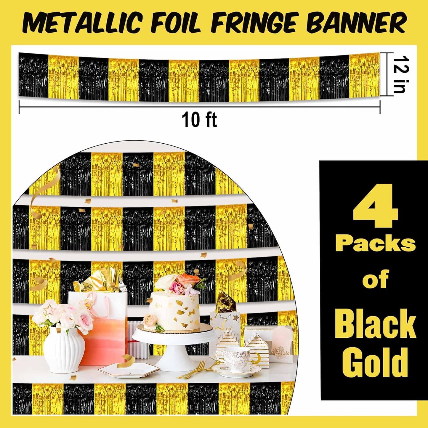 4 Pack 10 Ft Black and Gold Foil Fringe Garland Metallic Streamers Tinsel Banner Wall Hanging Garland Backdrop for Parade Floats, Halloween, Christmas, Thanksgiving, New Year Party Decorations