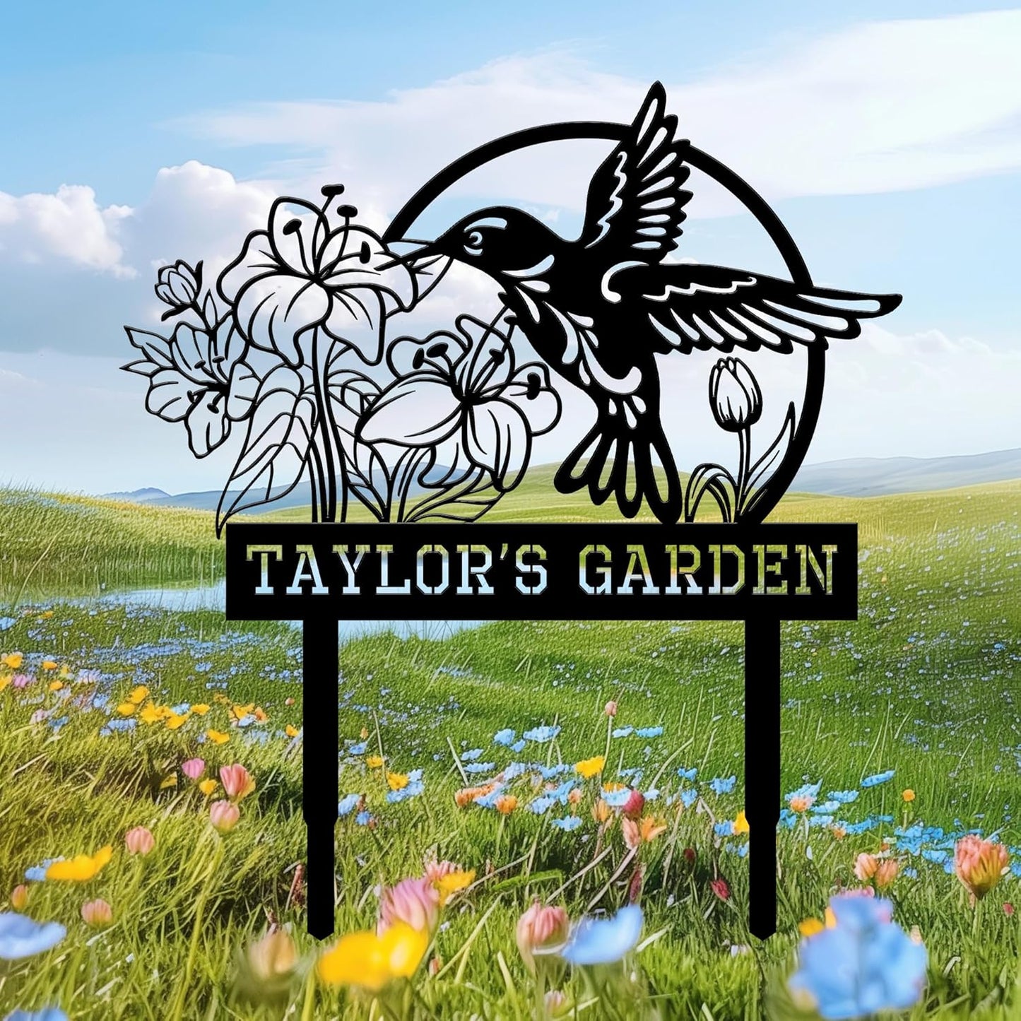 Personalized Garden Signs for Outside, Custom Metal Hummingbird Flowers Garden Decor with Stake, Custom Name Signs Outdoor Yard Patio Backyard Metal Decor Home Gifts