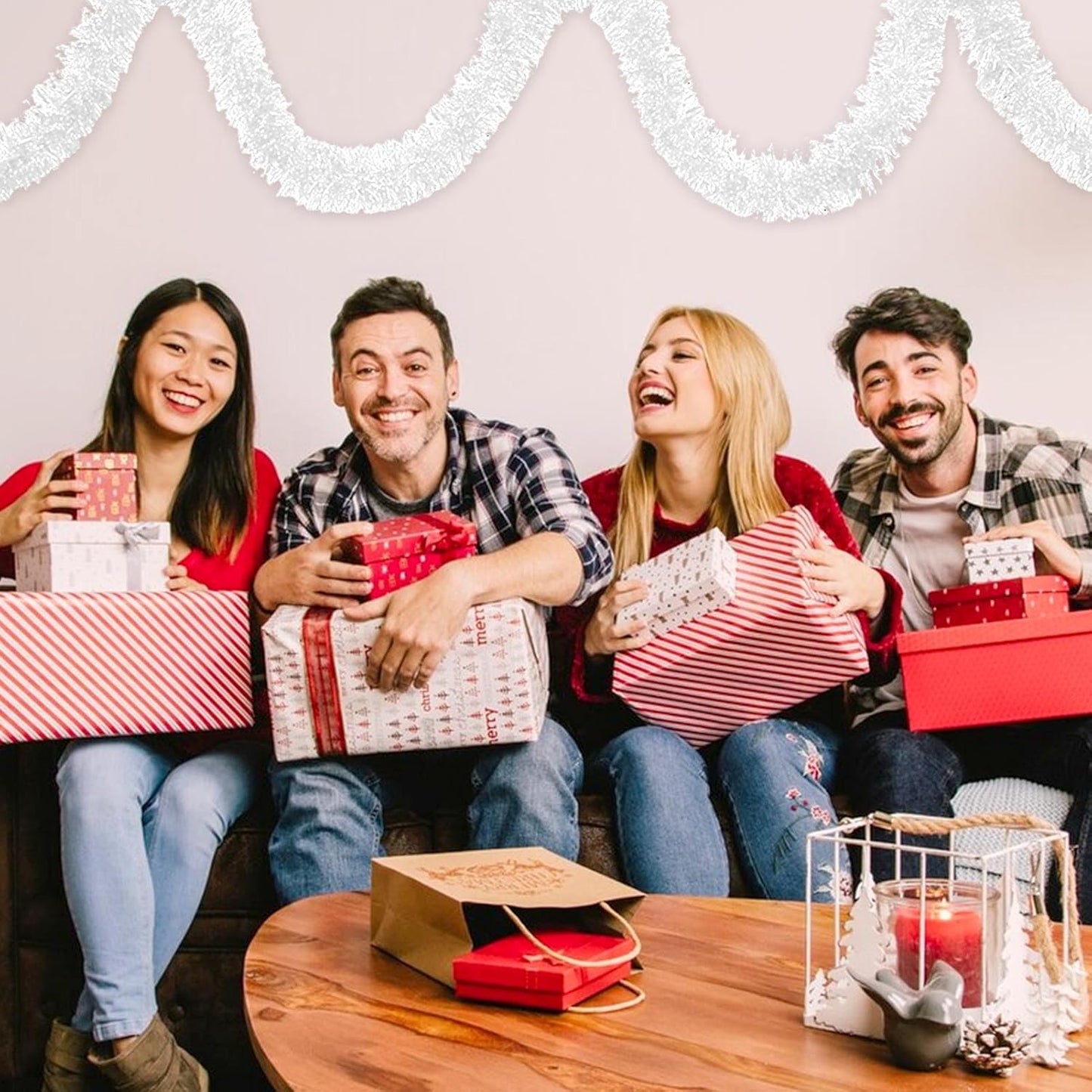 50 Feet Christmas Foil Fringe Banner Metallic Tassle Garland Metallic Backdrop Parade Floats Shiny Hanging Ceiling, Valentine's, Wedding, New Year Party Decorations(2" x 50', Macaron White)