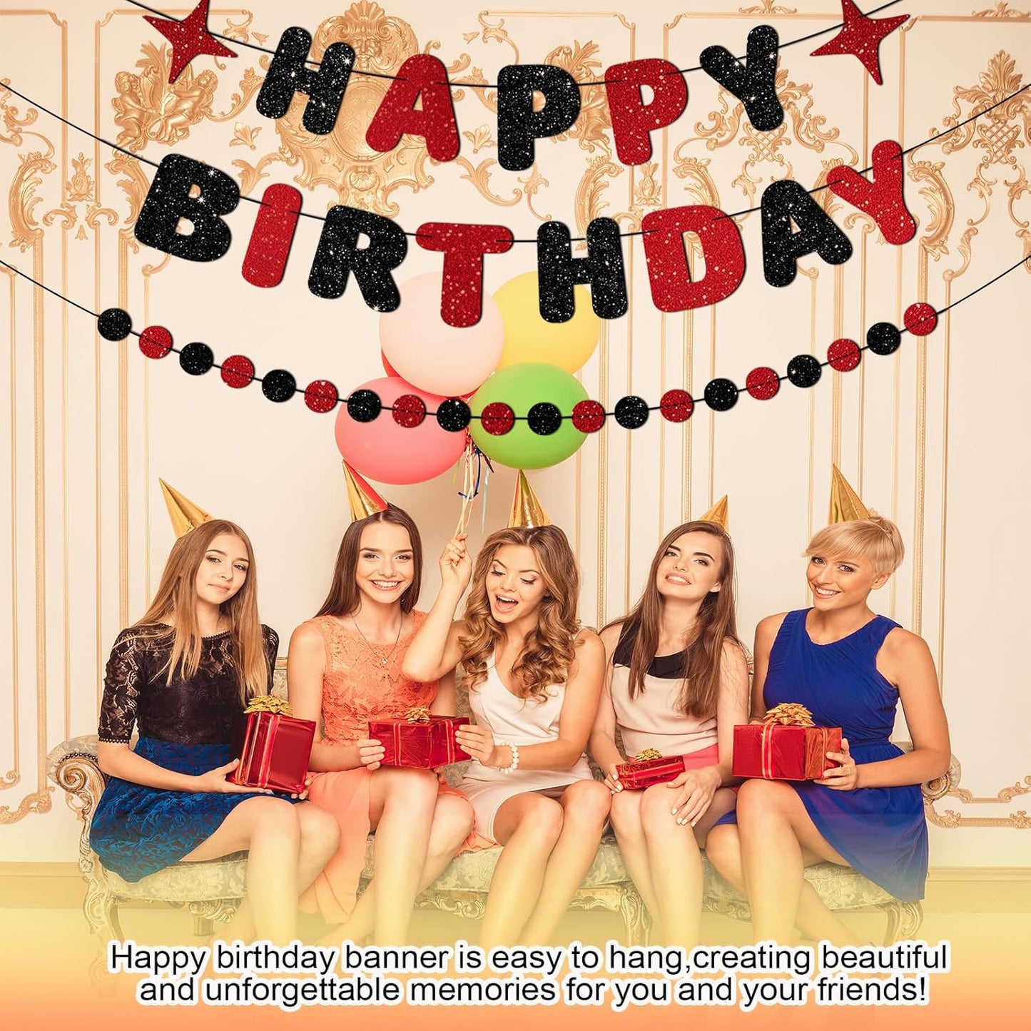 Red and Black Happy Birthday Banner Glitter Garland for Black and Red Decorations Happy Birthday Decorations for Women Men Boys Girls 25st 30st 40st 50th 60st Party Decor