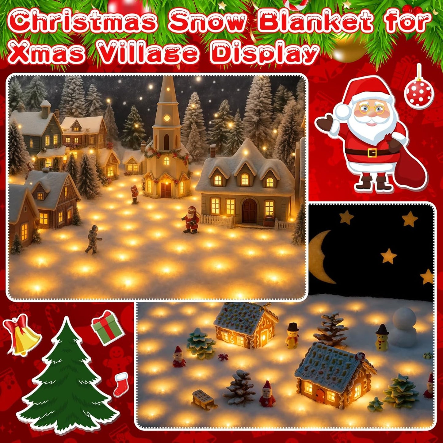 VIHOSE Christmas Snow Blanket with LED Lights String Pre Lit Artificial Fake Snow Blanket Roll Lighted Table Runner for Christmas Tree Village Display Winter Holiday Decor(Warm Light,94'' X 24'')