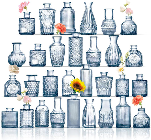 Bud Vases in Bulk 30, Blue Glass Vases for Centerpieces, Small Flower Vase for Centerpieces, Small Vase for Flowers, Mini Vintage Vases for Wedding Table Decor